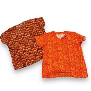 READ Halloween Pumpkin‎ Ghost Bat Scrubs Lot of 2 Unisex Scrub Tops L/XL Orange
